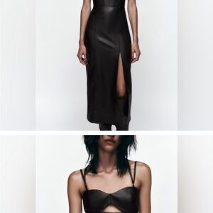 Zara topstitched Black Faux Leather Midi Dress with Slit